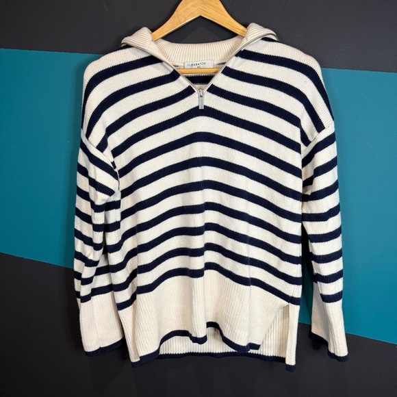 Babaton 2XS Cream and Navy Striped Merino Wool Sweater Preppy Quiet Luxury Soft - Picture 6 of 16